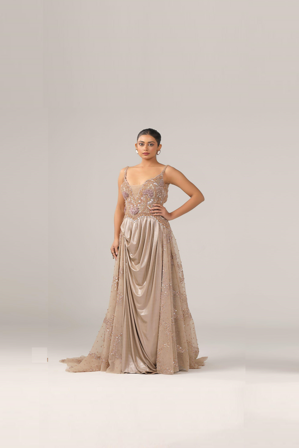 Draped bottom with embroidered bodice and a long trail attached from waist(SD-14)
