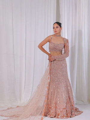 Rose Gold Fish Cut Tulle Lehenga Set with Crystal, Sequin & Jarkan Handwork