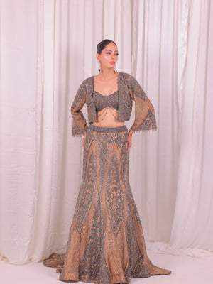 Mouse Grey Tulle Cocktail Lehenga Set with Jacket & Stone–Sequin Handwork( 3-Piece)