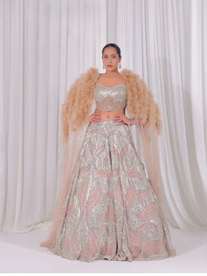 Rose Gold Tulle Cocktail Lehenga Set with Silver Nalki, Pearl & Patti Work