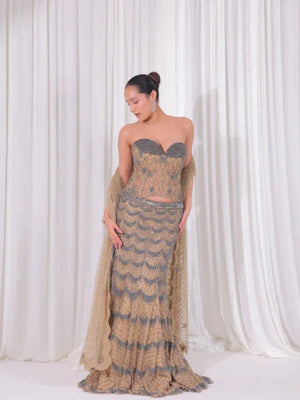 Mouse Grey Fish-Cut Tulle Cocktail Lehenga Set with Cutdana, Crystal & Moti Work