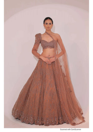Brown tulle Cocktail Lehenga Set with Cutdana, Nalki & Crystal Handwork
