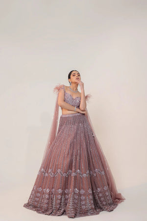 Onion Pink tulle Cocktail Lehenga Set with Cutdana, Nalki & Crystal Handwork