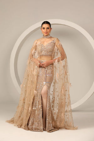 Champange gold fish cut lehenga with cape dupatta cocktail lehenga