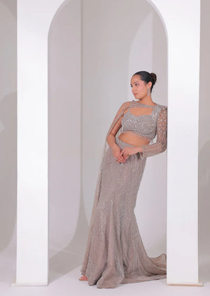 Mouse Grey Fish-Cut Trail Lehenga Set