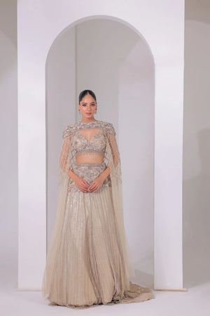 Gold Drape Fish-Cut Trail Lehenga Set