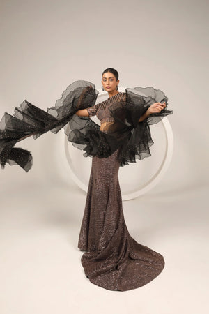 Teal Blue Indo-Western Skirt Set with Trail & Dual Dupattas